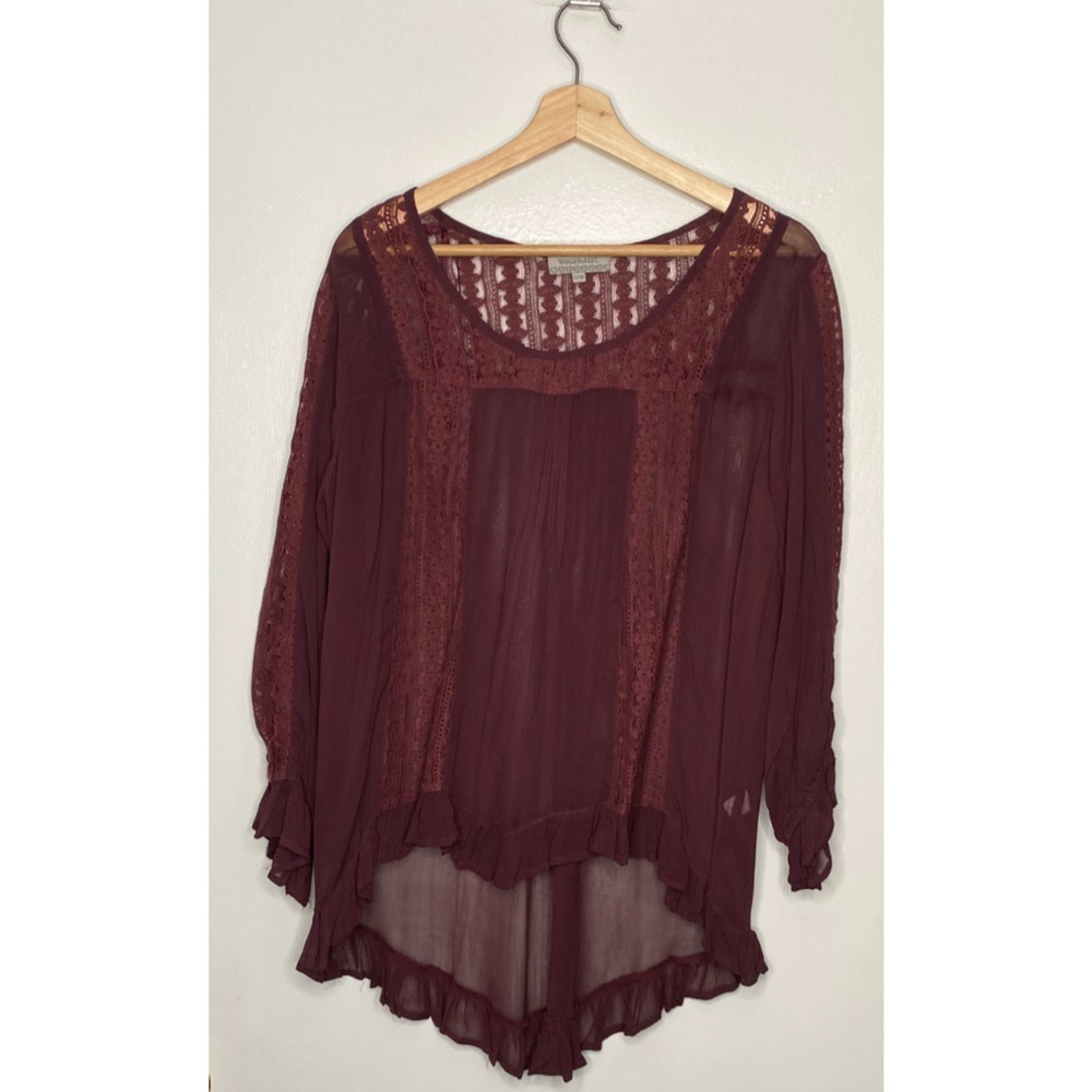 World Market Burgundy Sheer Lace High-Low Blouse Size S/M